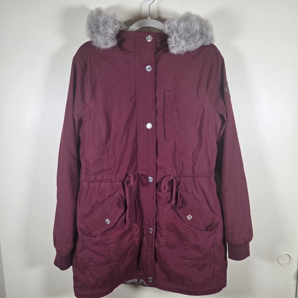 Hollister Jackets & Blazers - Hollister Parka Jacket Womens M Burgundy Faux Fur Hood Heritage Stretch Utility